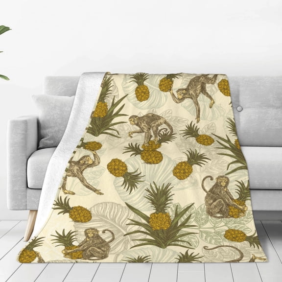 Fleece Throw Blanket Monkeys and Pinealpples Print Reversible Plush Fluffy Large Big Blanket for Sofa Couch Bed-40"x30"