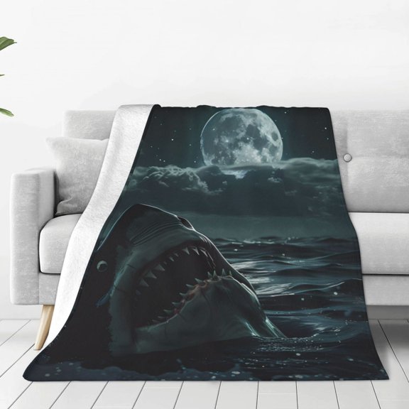 Fleece Throw Blanket Moonlit Night Sky Shark Print Reversible Plush Fluffy Large Big Blanket for Sofa Couch Bed-50"x40"