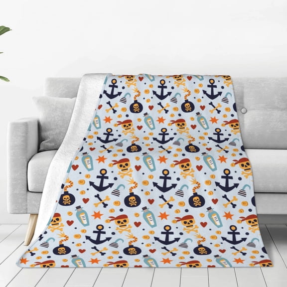 Fleece Throw Blanket Pirate Skull And Anchor Print Reversible Plush Fluffy Large Big Blanket for Sofa Couch Bed-40"x30"