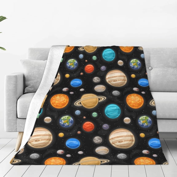 Fleece Throw Blanket Planets In Deep Space Print Reversible Plush Fluffy Large Big Blanket for Sofa Couch Bed-40"x30"