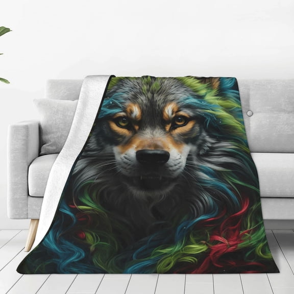 Fleece Throw Blanket Realistic Style Colorful Wolf Print Reversible Plush Fluffy Large Big Blanket for Sofa Couch Bed-40"x30"