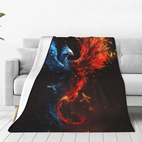 Fleece Throw Blanket Red And Blue Fire Bird Print Reversible Plush Fluffy Large Big Blanket for Sofa Couch Bed-50"x40"
