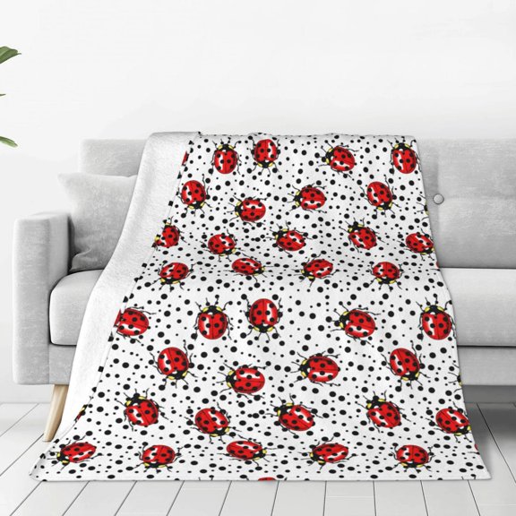 Fleece Throw Blanket Red Ladybugs On Black Dotted Print Reversible Plush Fluffy Large Big Blanket for Sofa Couch Bed-40"x30"