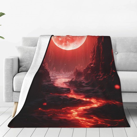Fleece Throw Blanket Red Moon Lava Print Reversible Plush Fluffy Large Big Blanket for Sofa Couch Bed-50"x40"