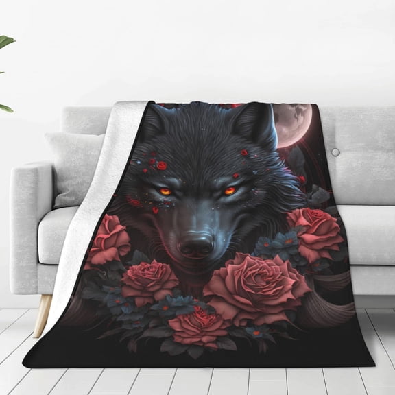 Fleece Throw Blanket Rose Full Moon Black Wolf Print Reversible Plush Fluffy Large Big Blanket for Sofa Couch Bed-50"x40"