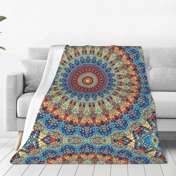 Fleece Throw Blanket Round Mandala Print Reversible Plush Fluffy Large Big Blanket for Sofa Couch Bed-40"x30"