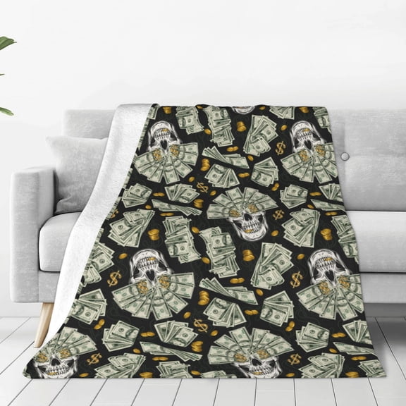 Fleece Throw Blanket Skull with Dollar Print Reversible Plush Fluffy Large Big Blanket for Sofa Couch Bed-40"x30"