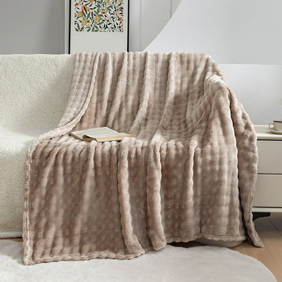 Fleece Throw Blanket Small Size, Soft Thick Facecloth Blankets Nap Blankets - Super Soft and Warm Blankets for Couch, Sofa and Bed Waffle Textured (Khaki,27.55×39.37in)