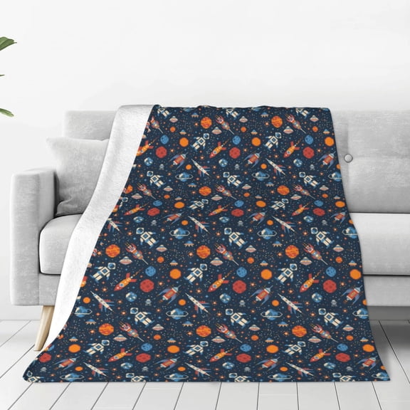 Fleece Throw Blanket Spaceships And Stars In Outer Space Print Reversible Plush Fluffy Large Big Blanket for Sofa Couch Bed-40"x30"
