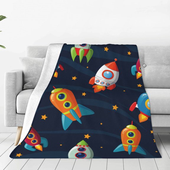 Fleece Throw Blanket Spaceships and Stars Print Reversible Plush Fluffy Large Big Blanket for Sofa Couch Bed-40"x30"