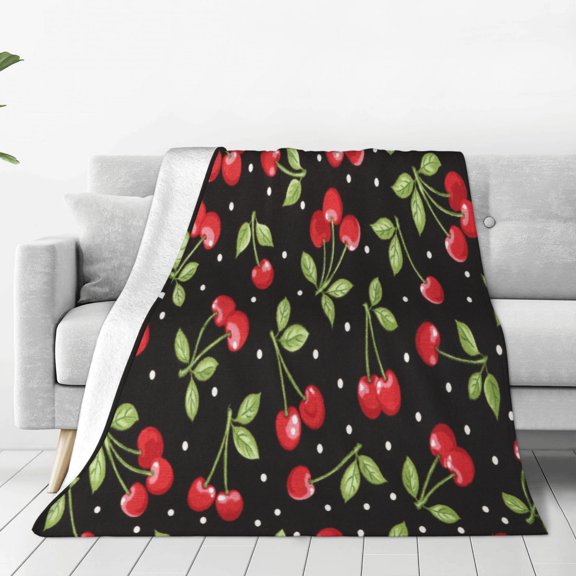 Fleece Throw Blanket Sweet Red Cherry Print Reversible Plush Fluffy Large Big Blanket for Sofa Couch Bed-40"x30"