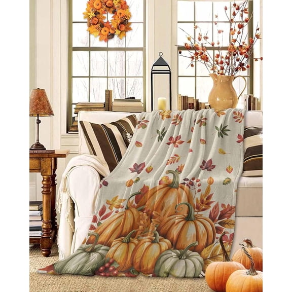 Fleece Throw Blanket,Thanksgiving Pumpkin Fall Orange Maple Leaves Lightweight Warm Coverlet Cozy Soft Flannel Blankets for Couch Bed Sofa Camping for All Seasons Retro Linen Blanket 30x40In