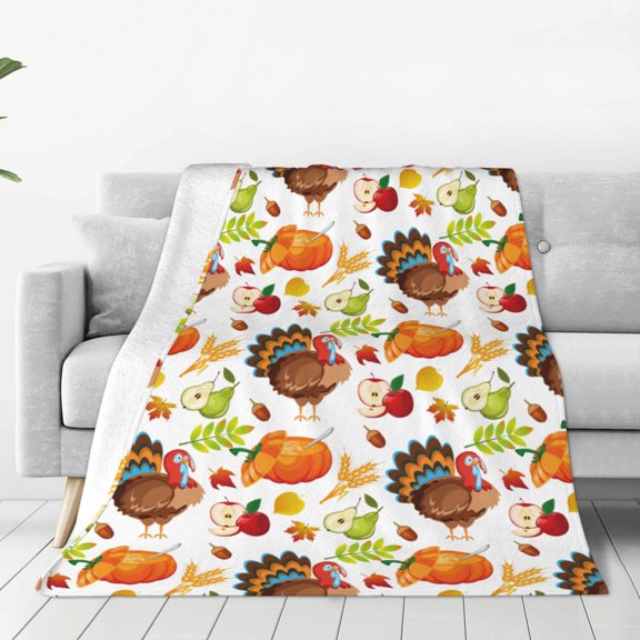 Fleece Throw Blanket Thanksgiving Turkey Print Reversible Plush Fluffy Large Big Blanket for Sofa Couch Bed-40"x30"