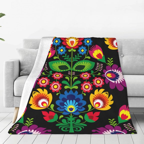 Fleece Throw Blanket Traditional Floral Polish Print Reversible Plush Fluffy Large Big Blanket for Sofa Couch Bed-40"x30"