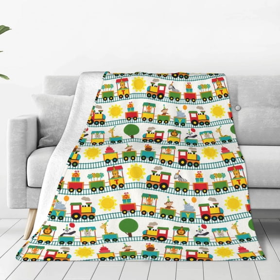 Fleece Throw Blanket Train With Animals Print Reversible Plush Fluffy Large Big Blanket for Sofa Couch Bed-40"x30"