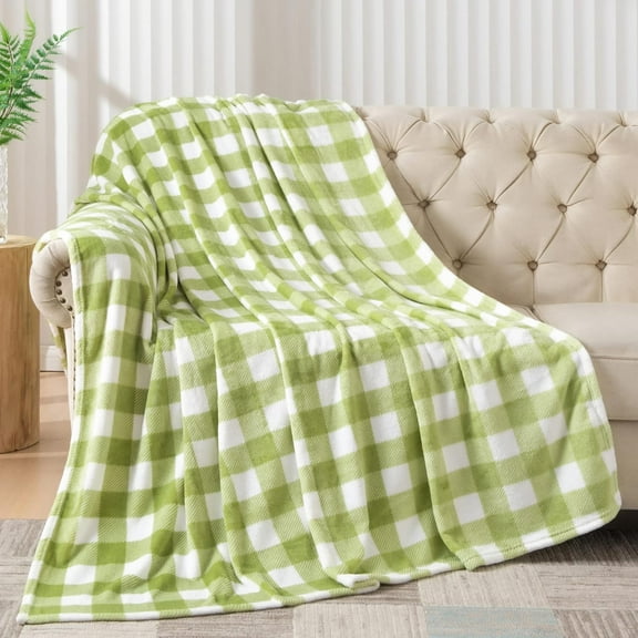 Fleece Throw Blanket Twin Size for Couch Sofa Bed, Buffalo Plaid Decor Sage Green and White Checkered Blanket, Cozy Fuzzy Soft Lightweight Warm Spring Throw Blanket