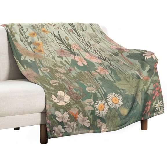 Fleece Throw Blanket Vintage Sage Green Wild Flowers Flannel Blanket Warm Plush Spring Summer Daisy Floral Leaves Blanket 40"x50" for Bed Couch Sofa Gifts Gift Idea Suitable for All Season
