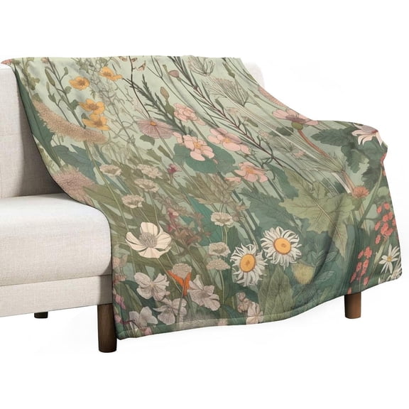 Fleece Throw Blanket Vintage Sage Green Wild Flowers Flannel Blanket Warm Plush Spring Summer Daisy Floral Leaves Blanket 40"x50" for Bed Couch Sofa Gifts Gift Idea Suitable for All Season
