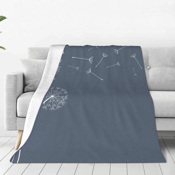 Fleece Throw Blanket White Dandelion Print Reversible Plush Fluffy Large Big Blanket for Sofa Couch Bed-50"x40"