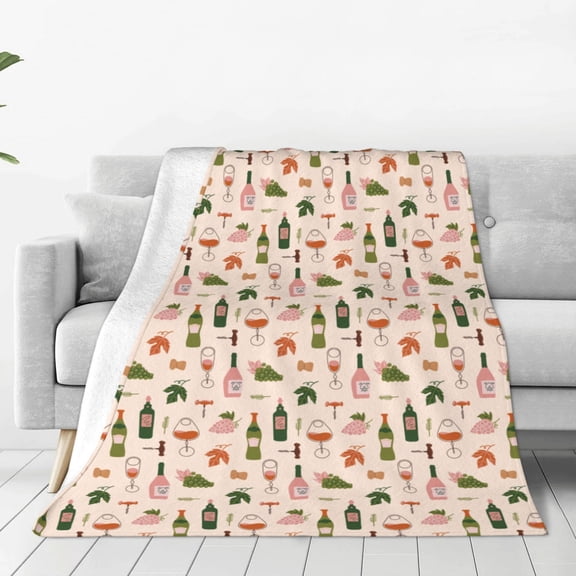 Fleece Throw Blanket Wine Bottles With Grapes Print Reversible Plush Fluffy Large Big Blanket for Sofa Couch Bed-40"x30"
