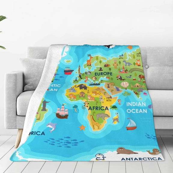 Fleece Throw Blanket World Map With Animals Landmarks Print Reversible Plush Fluffy Large Big Blanket for Sofa Couch Bed-40"x30"