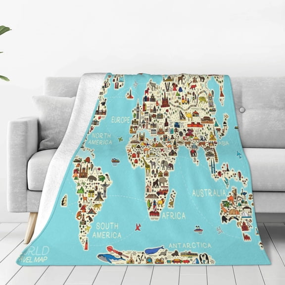 Fleece Throw Blanket World Travel Line Icons Map Print Reversible Plush Fluffy Large Big Blanket for Sofa Couch Bed-40"x30"
