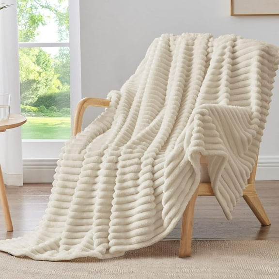 Fleece Throw Blanket for Couch Soft & Warm Fluffy Cream White Blanket, Decorative and Giftable Striped Blankets for Women, Men