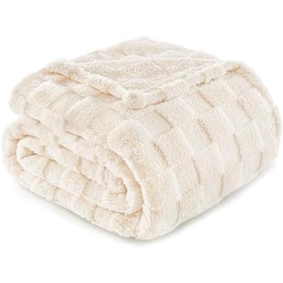 Fleece Throw Blanket for Couch,Super Soft and Warm Lightweight Checkered Pattern Blankets for All Seasons, 50x60 Inches, Ivory