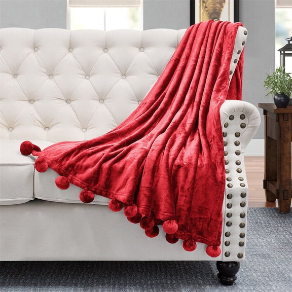 Fleece Throw Blanket with Pompom Fringe Super Soft Cozy Lightweight Plush Throws