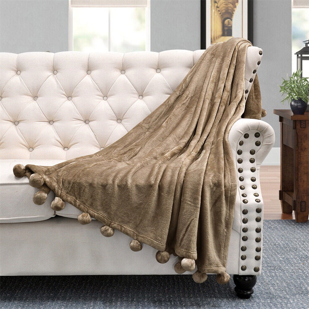 Fleece Throw Blanket with Pompom Fringe Super Soft Cozy Lightweight ...