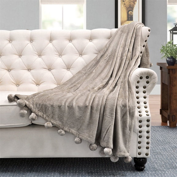 Fleece Throw Blanket with Pompom Fringe Super Soft Cozy Lightweight Plush Throws