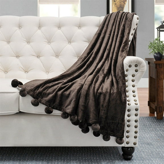 Fleece Throw Blanket with Pompom Fringe Super Soft Cozy Lightweight Plush Throws