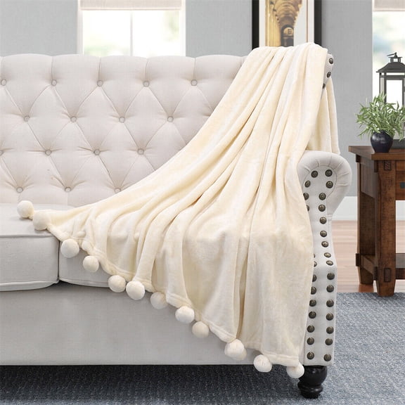 Fleece Throw Blanket with Pompom Fringe Super Soft Cozy Lightweight Plush Throws