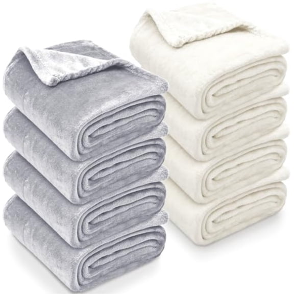 Fleece Throw Blankets Bulk 50x60 Inches - 8 Pack Soft Flannel Plush Blankets for Couch Sofa Bed Home - Lightweight Warm Gifts for Wedding Travel Pet Light Gray + Cream White