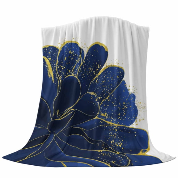 Fleece Throw Blankets,Soft Flannel Blanket Navy Blue Flower Gold Edge Plush Cozy Warm Lightweight Throws,Abstract Floral Fuzzy Blanket for Bed Couch Sofa Decor 30x40in