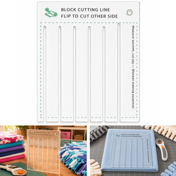 Fleece Tie Blanket Ruler Template, Clear Rectangle Sewing Stencil for No Sew Fabric Crafts, 8.3x7.1 Inch Acrylic Quilt Ruler and Tassel Cutting Guide for Blankets