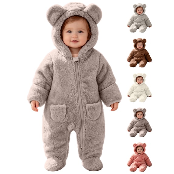 Fleece Toddler Kids Hooded Jumpsuit,Cute Warm Solid Color Long Sleeved Zipper Footed Jumpsuit Rompers,Kids Winter Clothes