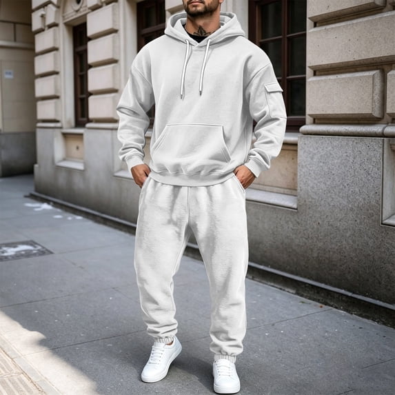Fleece Tracksuit Mens Full Set 2-Piece Hooded Sweatshirt and Joggers Activewear Solid Color Hoodies Bottoms Track Suits for Men Fall Winter Hoody Jogging Pants Sets Gym Running Sportswear White XXL