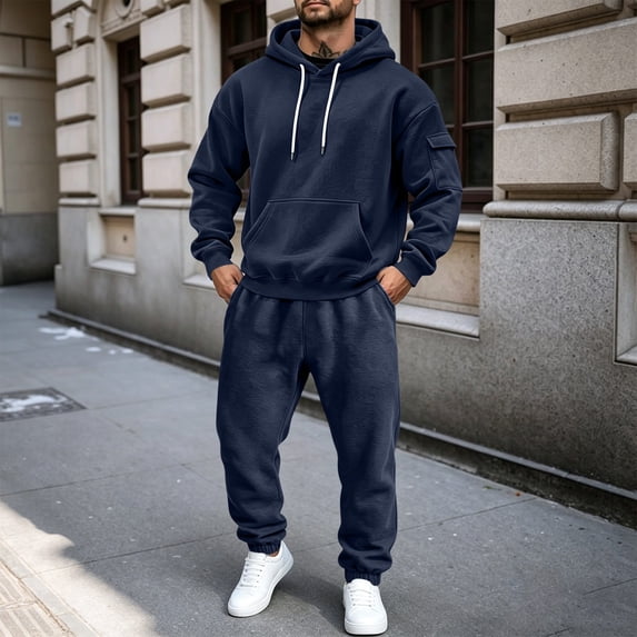 Fleece Tracksuit Mens Full Set 2-Piece Hooded Sweatshirt and Joggers Activewear Solid Color Hoodies Bottoms Track Suits for Men Fall Winter Hoody Jogging Pants Sets Gym Running Sportswear Navy XXL