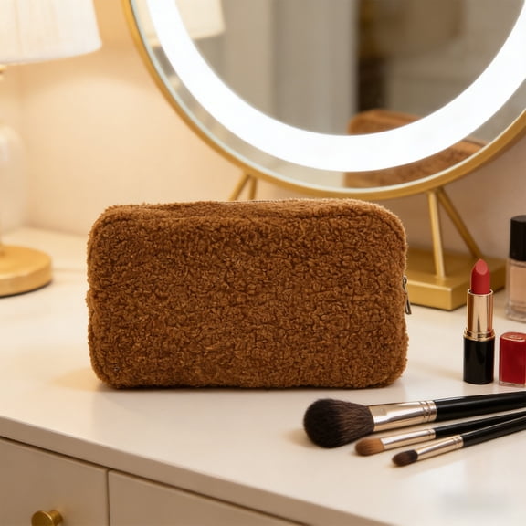 Fleece Travel Makeup Bag with Zipper, Portable Cosmetic Organizer Pouch for Daily Commute and Weekend Getaways, Brown