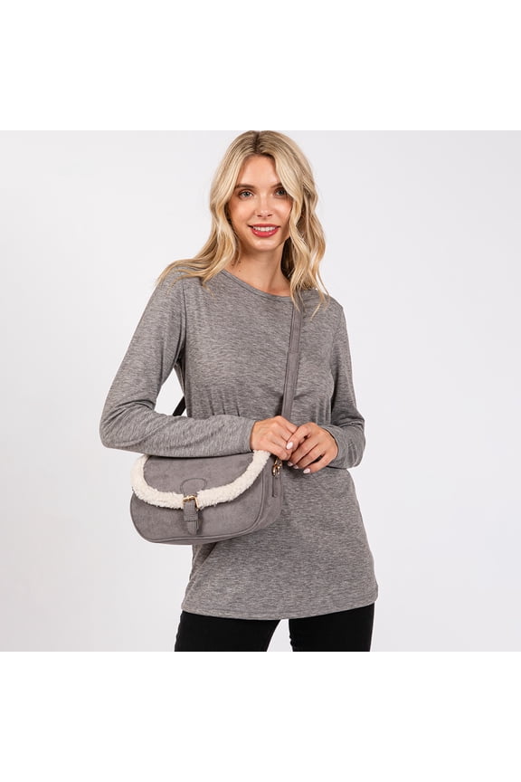 Fleece Trimmed Solid Crossbody Bag
