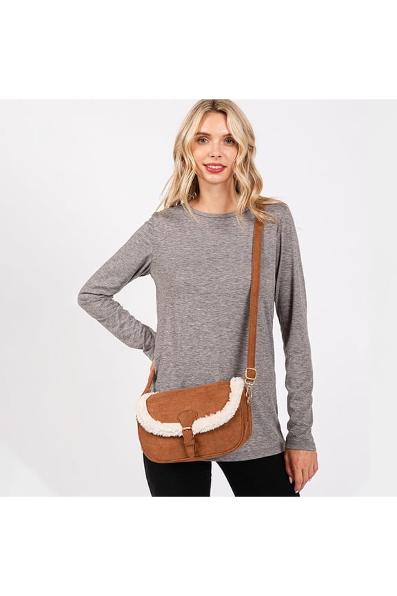Fleece Trimmed Solid Crossbody Bag