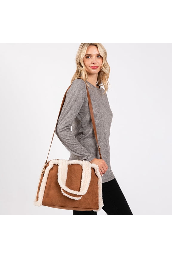 Fleece Trimmed Solid Tote / Crossbody Bag With Adjustable Strap