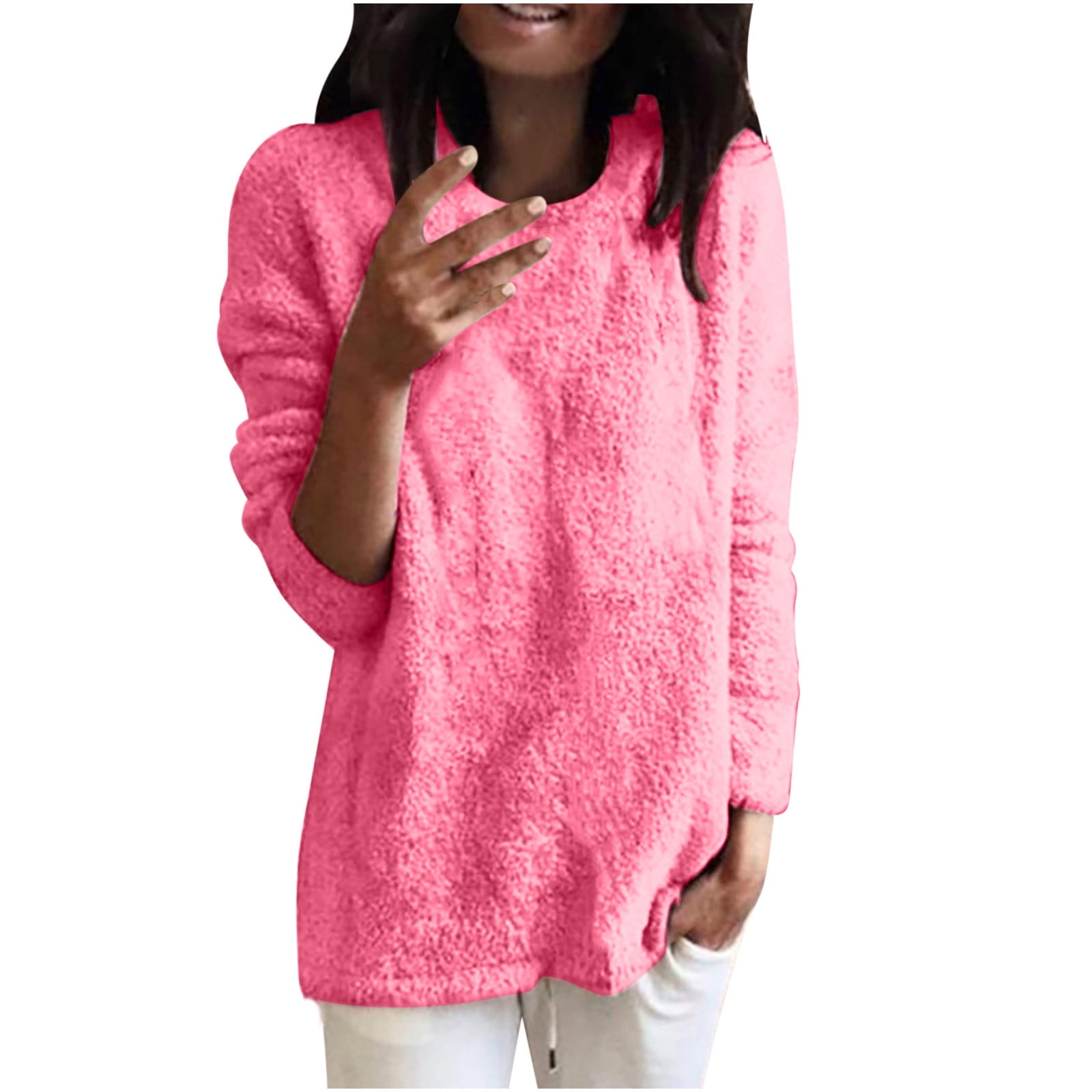 Fleece Tunic Sweater Tops for Women Winter Warm Plus Size Thermal Underwear  Blouses Crew Neck Long Sleeve Pullover (3X-Large, Hot Pink)