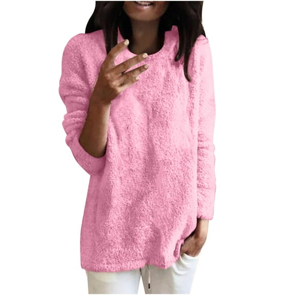 Fleece Tunic Sweater Tops for Women Winter Warm Plus Size Thermal Underwear Blouses Crew Neck Long Sleeve Pullover (L, Pink)