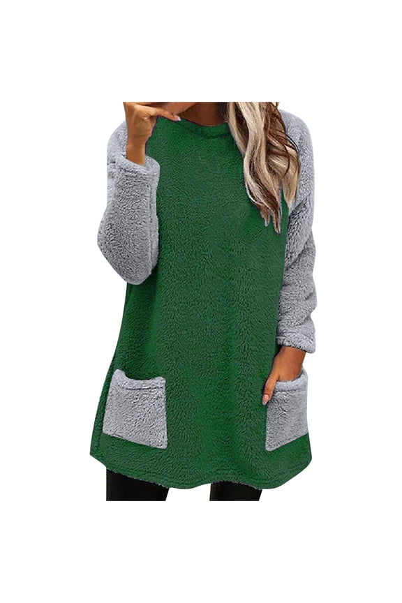 Fleece Tunic Tops Long Sleeve Soft Warm Winter Pullover Sweater Tops with Pockets Women Crew Neck Sherpa Thermals (Large, Green)