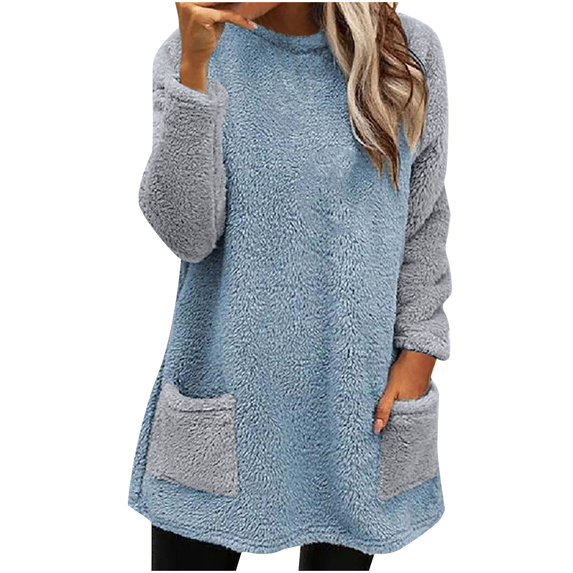 Fleece Tunic Tops Long Sleeve Soft Warm Winter Pullover Sweater Tops with Pockets Women Crew Neck Sherpa Thermals (XX-Large, Light Blue)