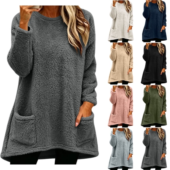Fleece Tops for Women Zaewscy Women's Fashion Solid Color Long Sleeve Winter Leisure Elegant Top Dark Gray M