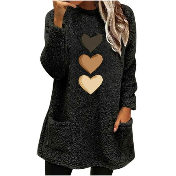 Fleece Tunic Tops for Women with 2 Pockets Hearts Print Crewneck Long Sleeve Fuzzy Sherpa Sweaters Pullover (3XL, Black)