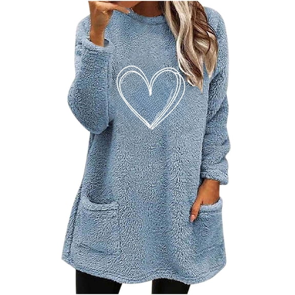 Fleece Tunic Tops for Women with 2 Pockets Hearts Print Crewneck Long Sleeve Fuzzy Sherpa Sweaters Pullover (L, Blue 01)